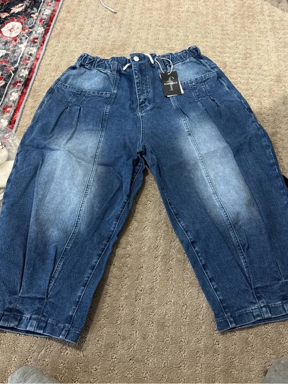 Flamingals Barrel Leg Capri High Waist Pleated Drawstring Jeans 3XL FG30-28